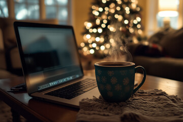 A steaming cup of coffee sits next to an open laptop on a cozy living room table, with a softly glowing Christmas tree in the background, creating a warm, festive atmosphere.