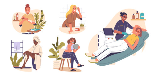 Hair removal procedure for woman with laser technology, wax depilation, shaving, plucking eyebrows