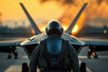 Us air force pilot walking towards fighter jet at sunset