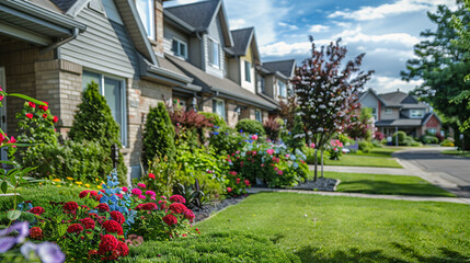 A quaint row of houses with well-kept gardens in a suburban neighborhood. stock image, hd quality, 