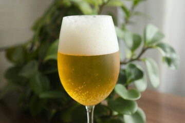 A full glass of beer with a frothy head on top, standing on a table