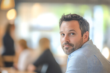 Obraz premium Casual business office environment with blurred people and a soft bokeh background, evoking a relaxed and professional workspace