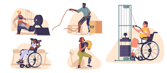 People cartoon characters with disabilities and special needs doing sport exercise training at gym