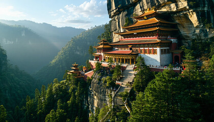 Fototapeta premium A Buddhist monastery clinging to the side of a steep cliff, surrounded by dense green forest. The bu