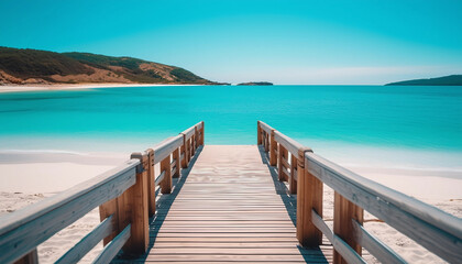 Obraz premium A calm beach scene with a wooden walkway leading to a pristine, white sandy beach. The ocean is a ca