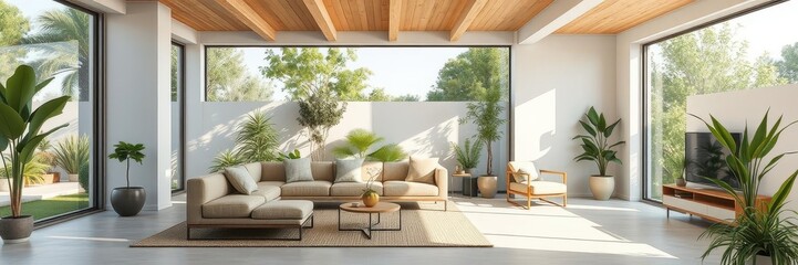 Modern interior design with seamless transition to outdoor space, showcasing a sleek patio area with stylish furniture and lush greenery, outdoor, space, living
