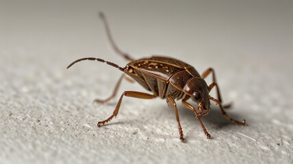 Close-up of a small brown beetle on a light surface.
