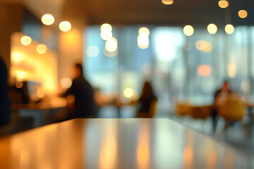 Casual business office environment with blurred people and a soft bokeh background, evoking a relaxed and professional workspace