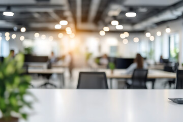 Casual business office environment with blurred people and a soft bokeh background, evoking a relaxed and professional workspace
