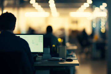 Casual business office environment with blurred people and a soft bokeh background, evoking a relaxed and professional workspace