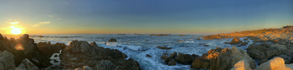 California Coast at sunset with tidepools panorama