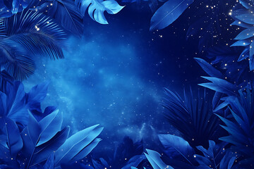 Futuristic tropical foliage plants in blue tones, set against a cosmic space backdrop with stars, creating a tranquil and surreal atmosphere