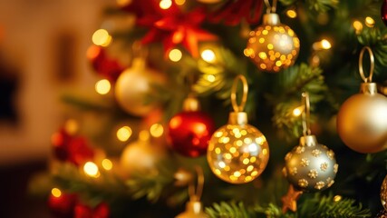 Obraz premium Vibrant Christmas tree with assorted baubles and twinkling lights, seasonal, festive, sparkling