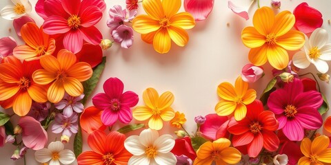 Obraz premium Vibrant spring flowers in pink, purple, yellow, and orange on a textured paper background, background, colorful