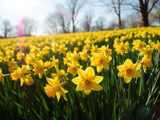 Obraz premium Vibrant yellow Daffodil flowers blooming in a lush green field on a sunny day, sunny, bloom, green