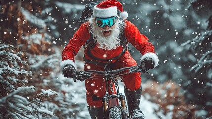 Santa Claus mountain biking in snowy forest, wearing a red suit, Santa hat, and goggles.
