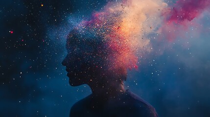 Colorful powder bursts from a person's head, creating a surreal and dreamy effect against a dark blue background.