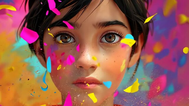 Vibrant 3D illustration for Holi celebration featuring a joyful child drenched in colorful hues.