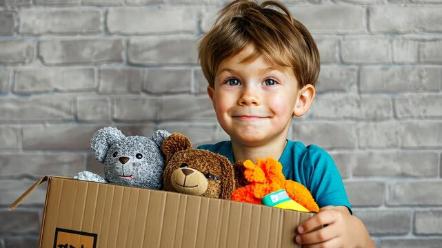 Support charity Kids sorting toys, clothes, books, stationery in donation boxes for a good cause.