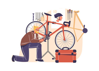Repairman changing chain and fixing pedals of custom bicycle working at workshop garage scene