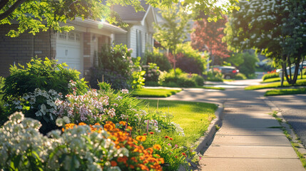 A quiet residential street with well-maintained gardens. stock image, hd quality
