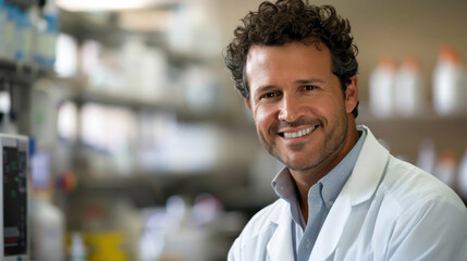Fototapeta premium Smiling man in lab coat in a research laboratory during daylight hours