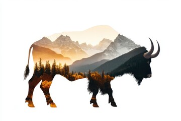 Majestic bison silhouette merging with scenic mountain landscape