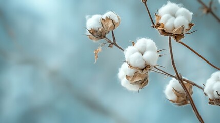 Close-up of cotton bolls on branch against a soft, light blue background.