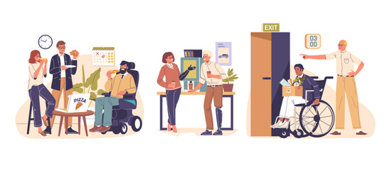 Office workflow and different situation with inclusive people cartoon characters cartoon scene set