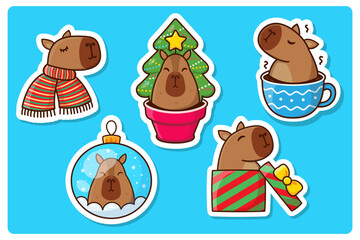 Cute Christmas Capybaras. Sticker Set. Vector Cartoon Illustratio
