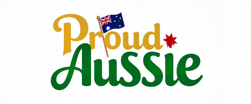 Proud Aussie text with Australian flag graphic