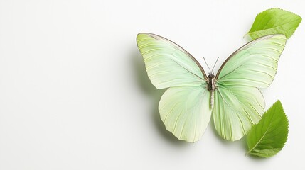 Obraz premium Elegant green butterfly on minimalist background with leaves
