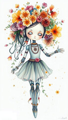 Fototapeta premium A mesmerizing and whimsical illustration captures the essence of a graceful young robot ballerina, adorned with a cascade of vibrant, colorful flowers and an array of eclectic,