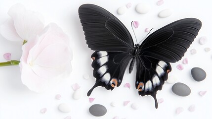 Fototapeta premium Elegant black butterfly with white spots on delicate flower petals