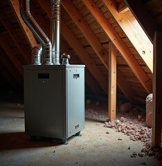 Modern furnace with ductwork in attic under wooden beams