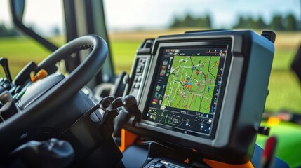 Close-up of modern GPS-equipped tractor control panel, advanced farming technology, 