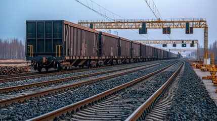 Fototapeta premium Long freight train on railway tracks with signaling system in industrial area