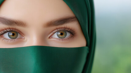 Eyes with green hijab: captivating gaze and elegance