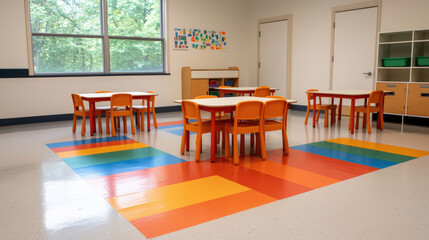 Fototapeta premium Bright and colorful classroom with orange chairs and tables in a modern school setting