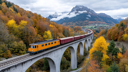 Vibrant autumn train journey across swiss mountain viaduct