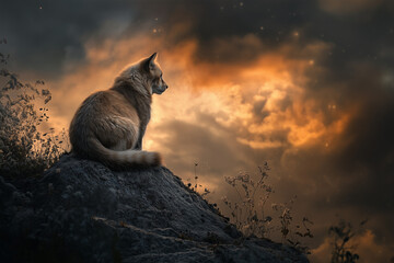 Relaxed wild cat sitting on a rock overlooking a dramatic sunset landscape