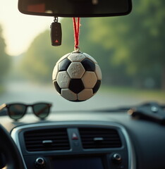 Soccer ball air freshener hanging in car interior