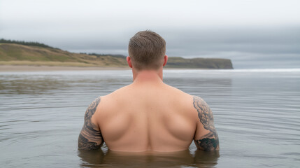Fototapeta premium Tattooed man immersed in calm coastal waters with overcast sky