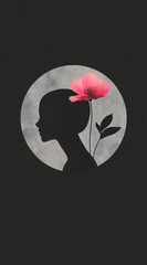 A round app profile icon featuring a gray silhouette of a person&rsquo;s head and neck against a black background, with a small pink flower placed beside or on top.Copy space,flat lay