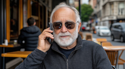 Senior man talking on smartphone outdoors in urban setting