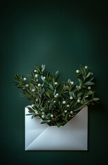 An open envelope with mistletoe spilling out, set against a unique dark green background.Minimal creative Christmas holiday concept.Copy space,flat lay