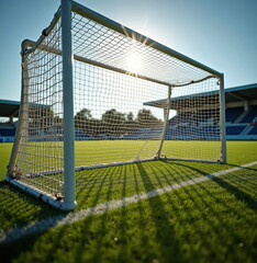 Fototapeta premium Soccer goal on green field in sunlight