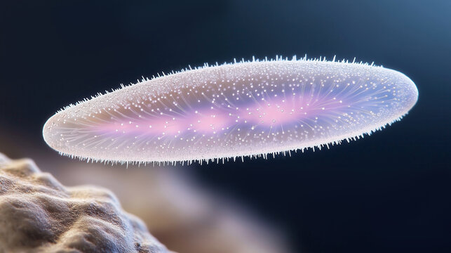 Microscopic view of paramecium with bioluminescent effect in tranquil blue environment
