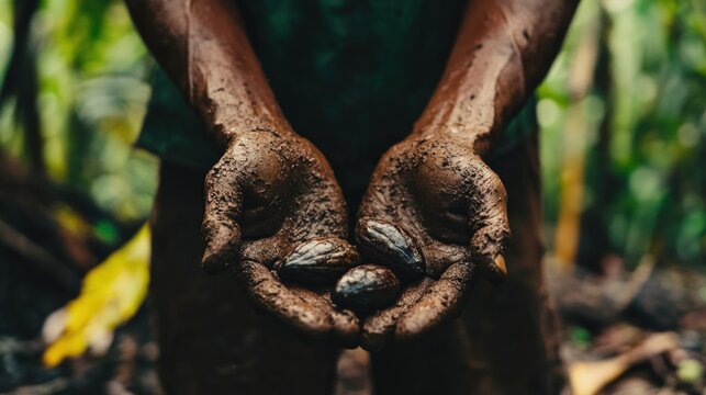 Close-up of a mans hands collecting cocoa beans. 