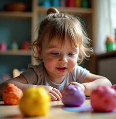 Fototapeta premium Toddler playing with colorful toys at home